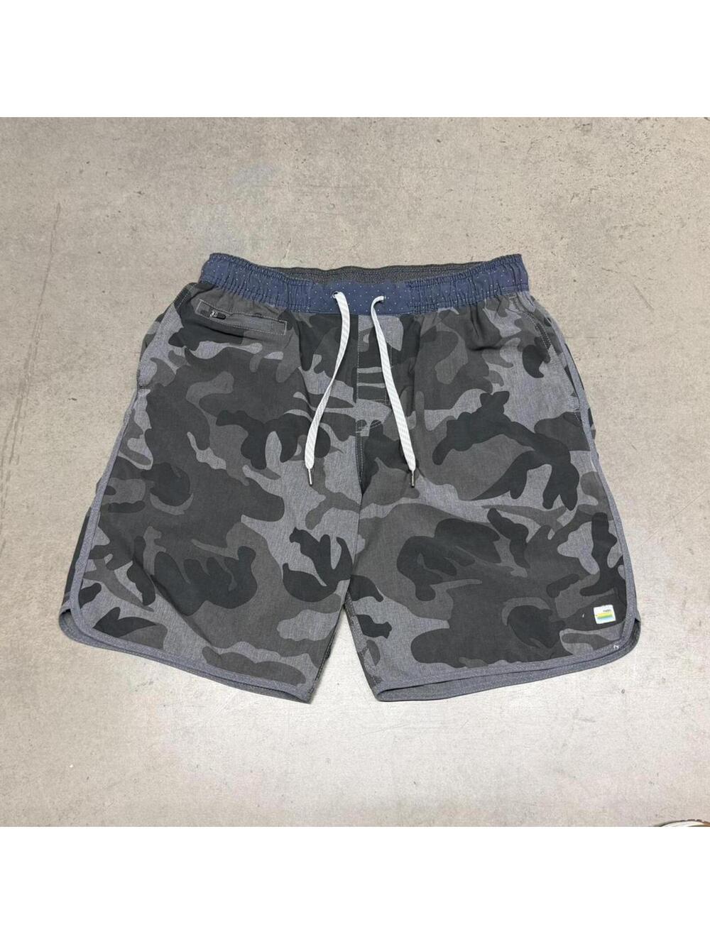 Vuori Banks Shorts Mens Large Gray Camo 8" Inseam Unlined Drawstrings Activewear